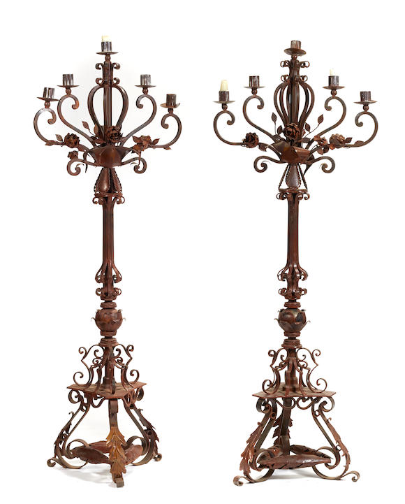 Bonhams : A pair of Rococo style wrought iron and tôle five light ...