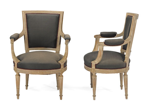 Bonhams : A pair of Louis XVI style painted beechwood fauteuils à la ...