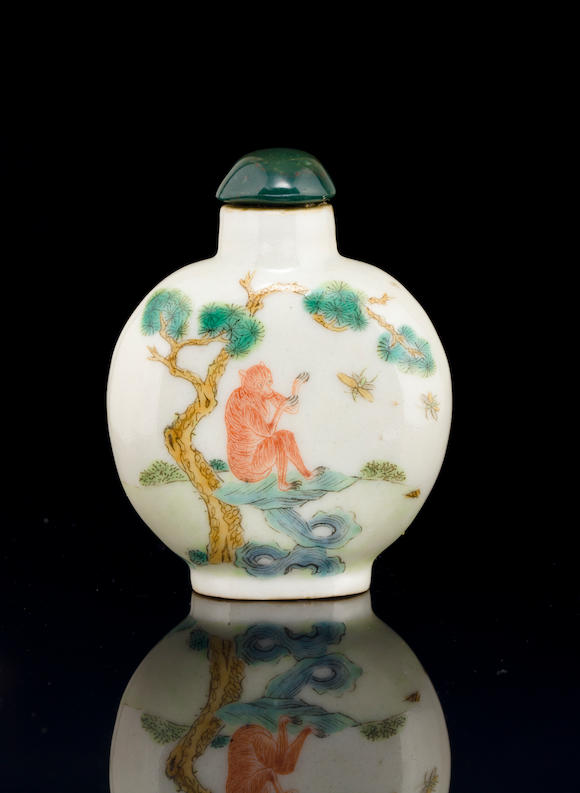 Bonhams : An enameled snuff bottle with deer and monkeys Four-character ...