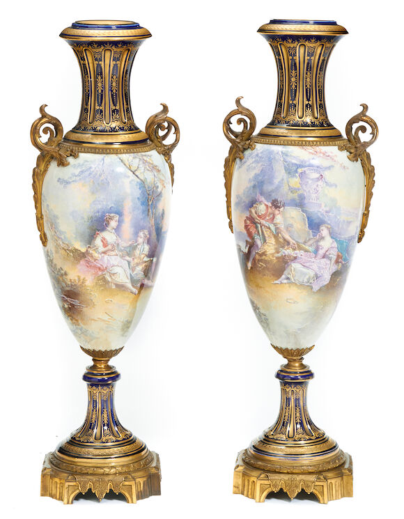 Bonhams : A pair of French gilt bronze mounted earthenware urns late ...