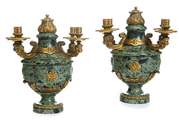 Bonhams : A pair of Régence style gilt bronze and marble four light ...