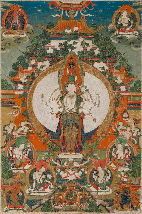 Bonhams : A thangka of Avalokiteshvara Sahasrabhuja Tibet, 18th century