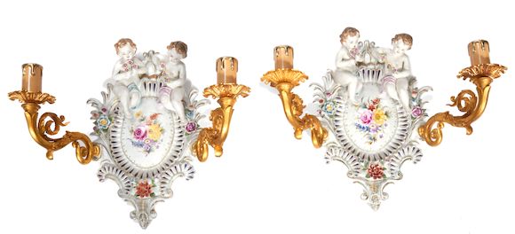 Bonhams : A pair of German Rococo style gilt metal and porcelain wall ...