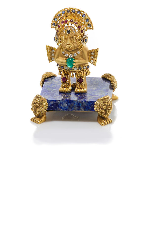 Bonhams : A gem-set and diamond Inca brooch/statuette with sodalite ...