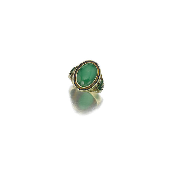 Bonhams : An art deco jadeite jade, enamel and fourteen karat gold ring,