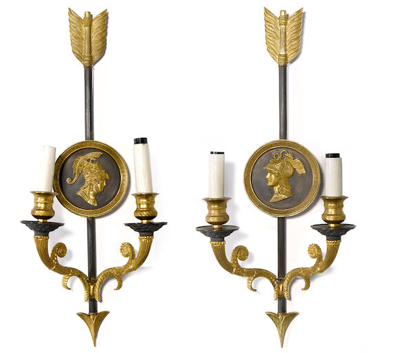 Bonhams : A pair of Empire style gilt and patinated bronze two light ...