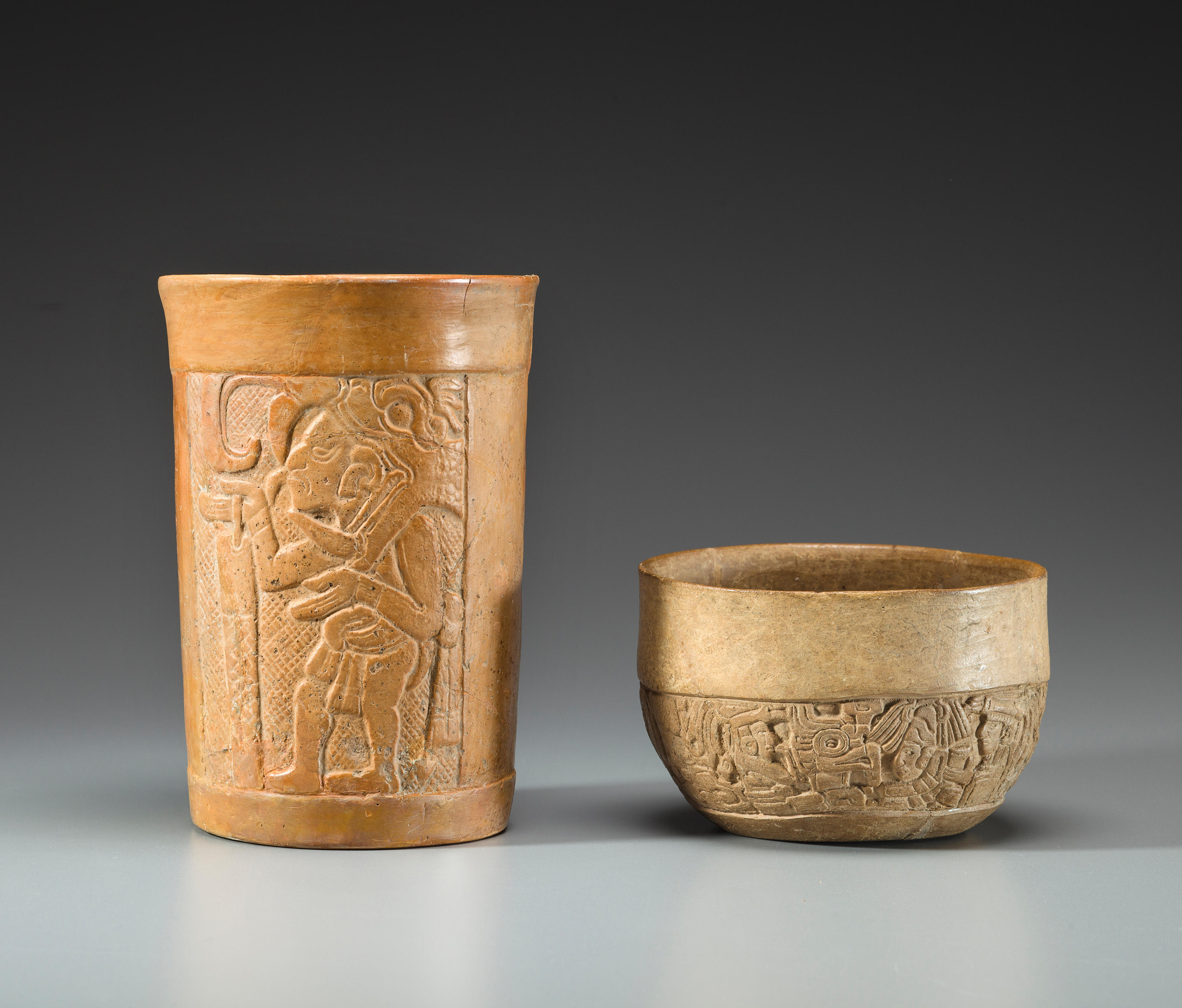 Bonhams Maya Molded Cylinder Vessel Together With A Maya Molded Bowl