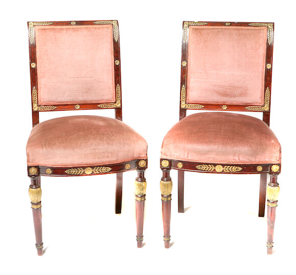 Bonhams : A pair of Empire style gilt bronze mounted side chairs