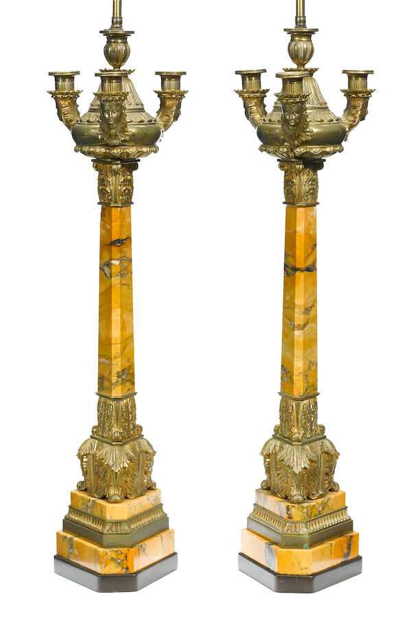 Bonhams : A pair of French gilt bronze and siena marble lamps 19th century