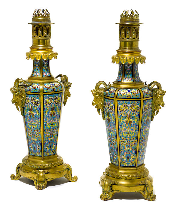 Bonhams : A pair of French gilt bronze and champlevé lamps late 19th ...