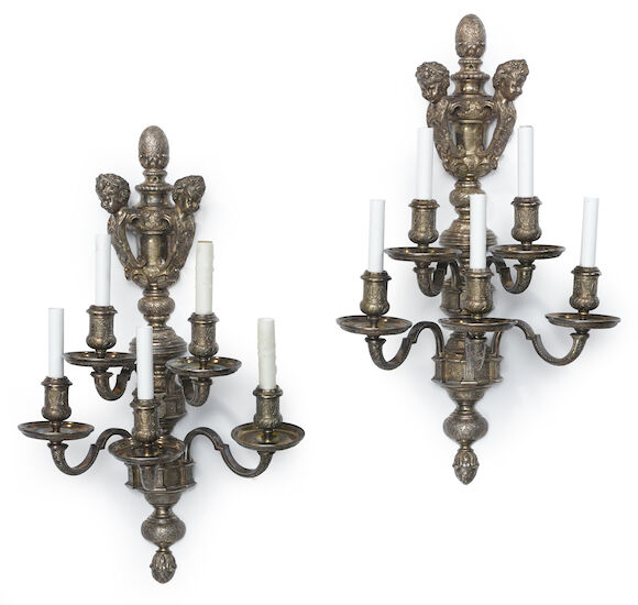Bonhams : A pair of Régence style silvered bronze five light bras de ...