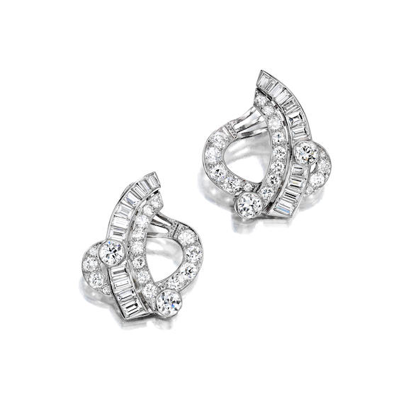 Bonhams : A pair of art deco diamond earclips,