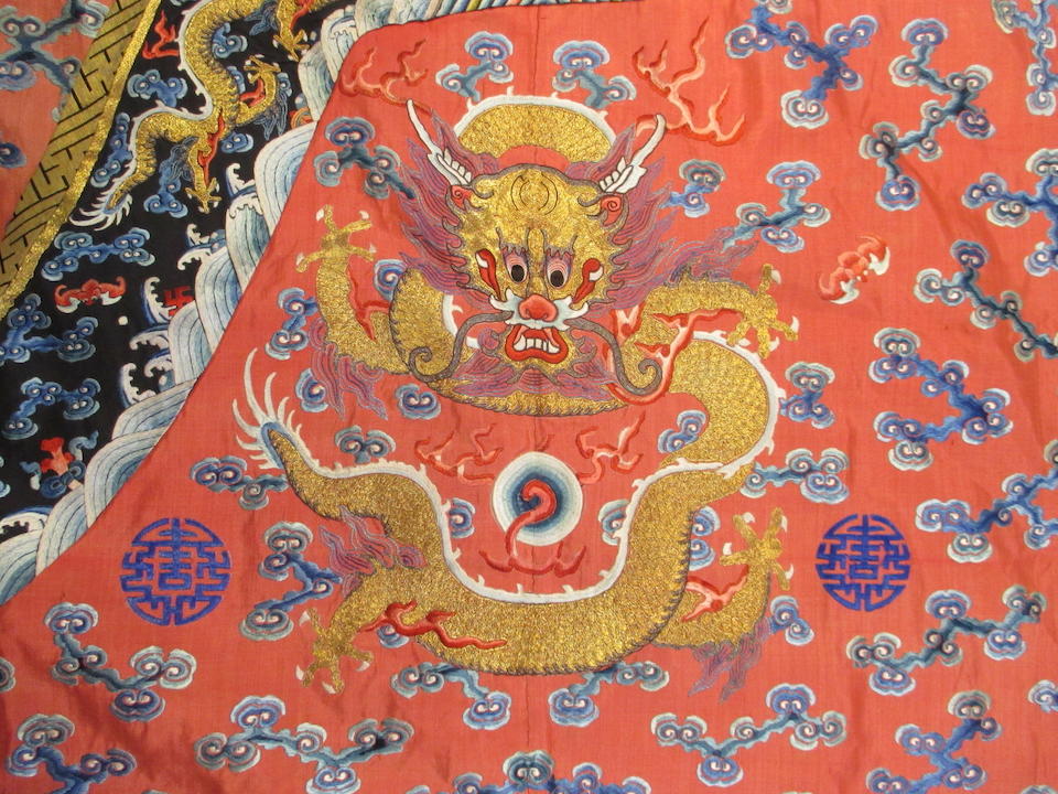 Bonhams : A Manchu noblewoman's apricot ground embroidered dragon robe ...