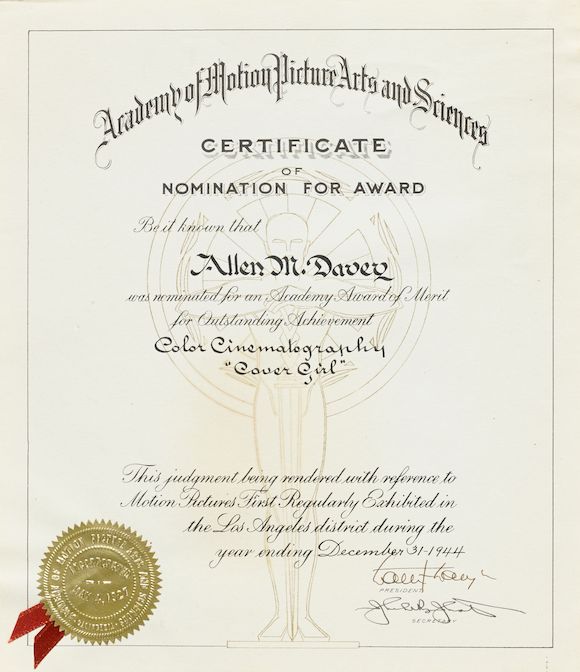 Bonhams An Academy Award nomination certificate for Allen Davey's color cinematography for