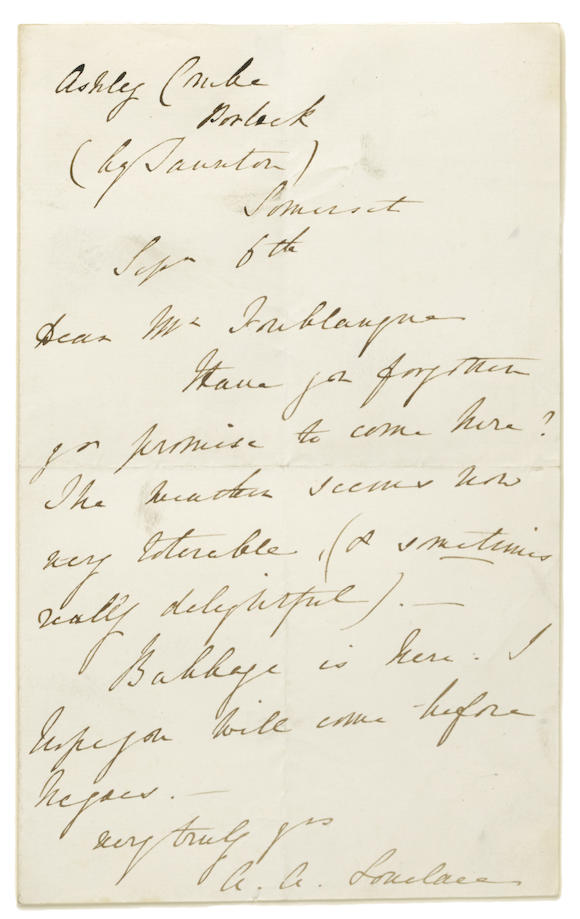 Bonhams : KING, AUGUSTA ADA, COUNTESS OF LOVELACE. 1815-1852. Autograph ...