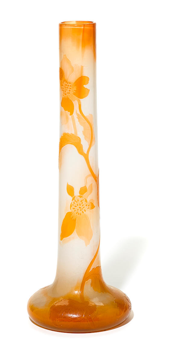 Bonhams A Gallé Fire Polished Cameo Glass Clematis Stick Neck Vase Circa 1900 