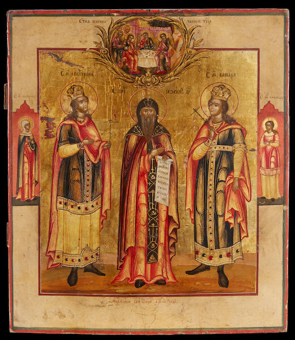 Bonhams : Icon of St. Catherine, St. John and St. VarvaraRussia, 1818