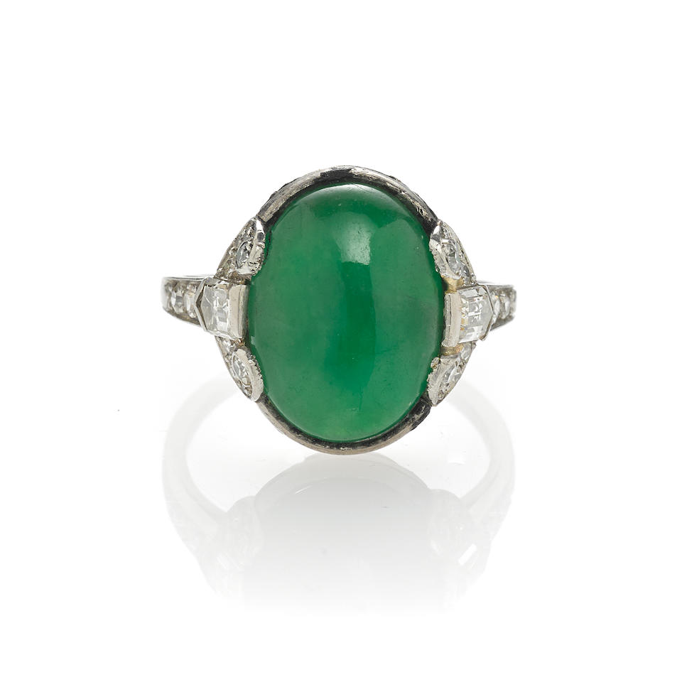 Bonhams : An art deco jadeite jade and diamond ring,