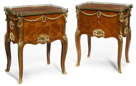 Bonhams : A pair of Louis XV style gilt bronze mounted and inlaid ...