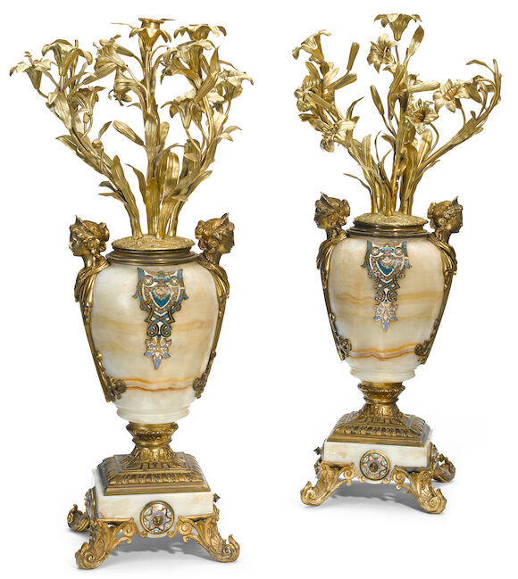Bonhams : A pair of French gilt bronze and champlevé onyx urns late ...