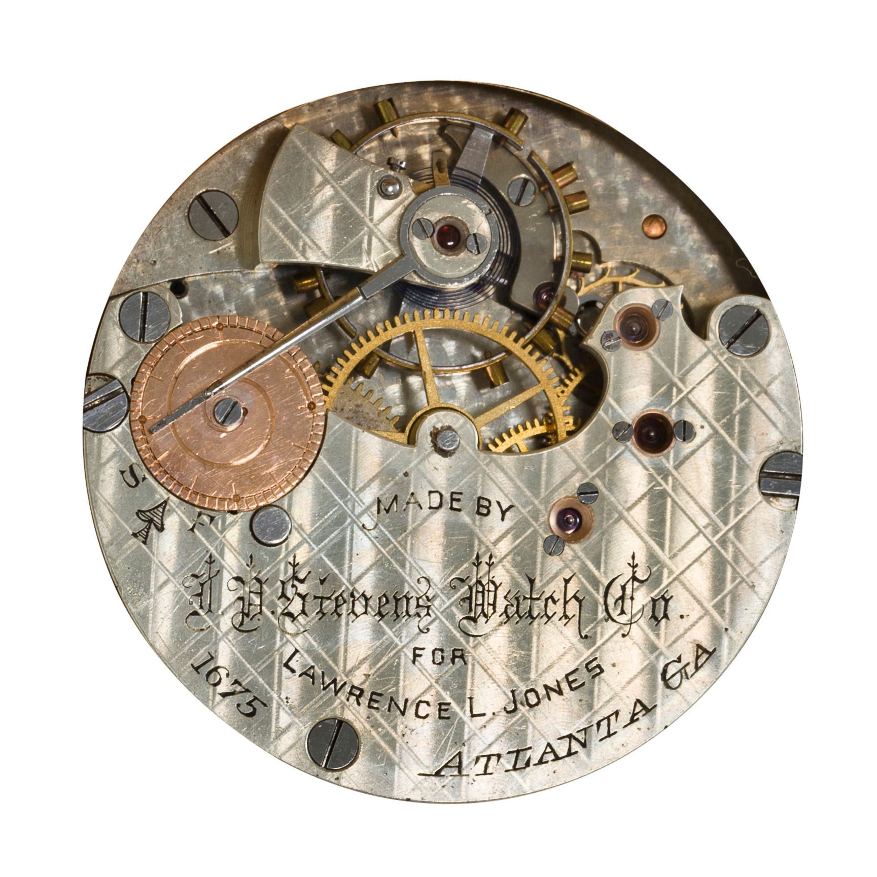 J. P. Stevens Watch Co., Atlanta. A fine 18K gold box hinge hunter cased watch enhanced with photographic portraitsMovement by New York Watch Co., no 1675, signed "Made for Lawrence L. Jones"