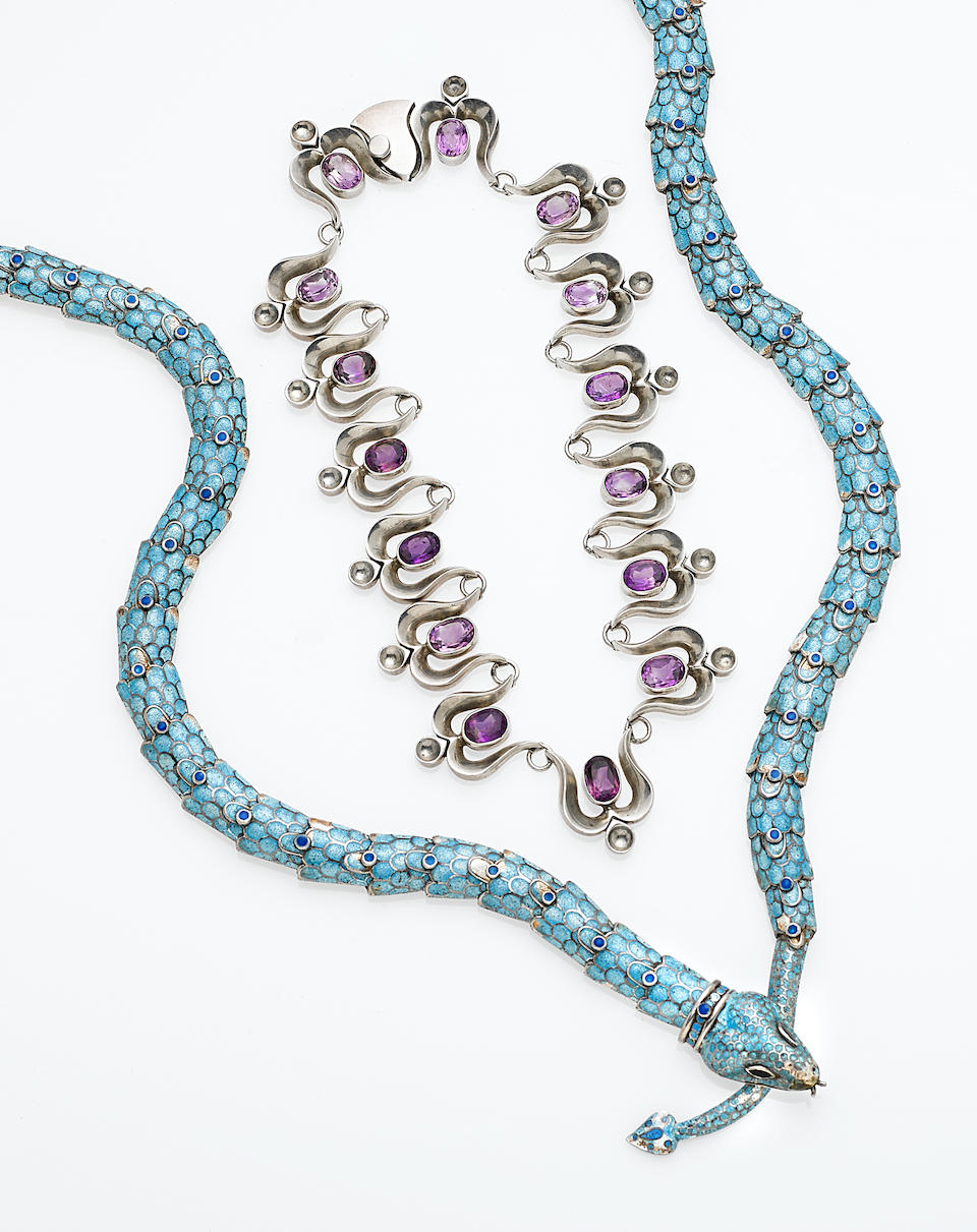 Bonhams : A collection of two sterling silver, amethyst and enamel ...