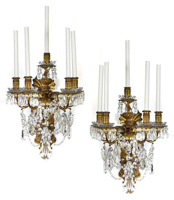 Bonhams : A pair of Régence style gilt bronze and cut glass five light ...