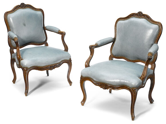 Bonhams : A pair of Louis XV style carved walnut fauteuils 19th century
