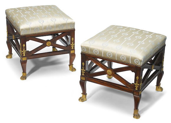 Bonhams : A pair of Empire style gilt bronze mounted mahogany tabourets ...