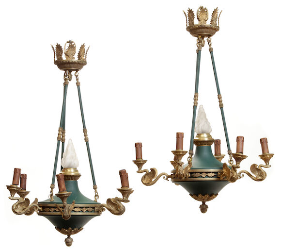 Bonhams : A pair of empire style patinated and gilt metal seven light ...