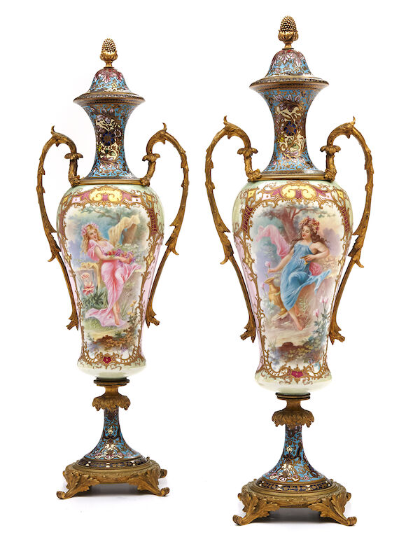 Bonhams : A pair of French gilt bronze mounted champlevé and porcelain ...