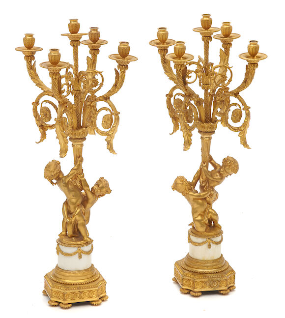 Bonhams : A pair of French gilt bronze and marble five light candelabra ...
