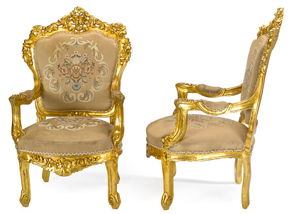 Bonhams : A pair of Louis XV style giltwood armchairs