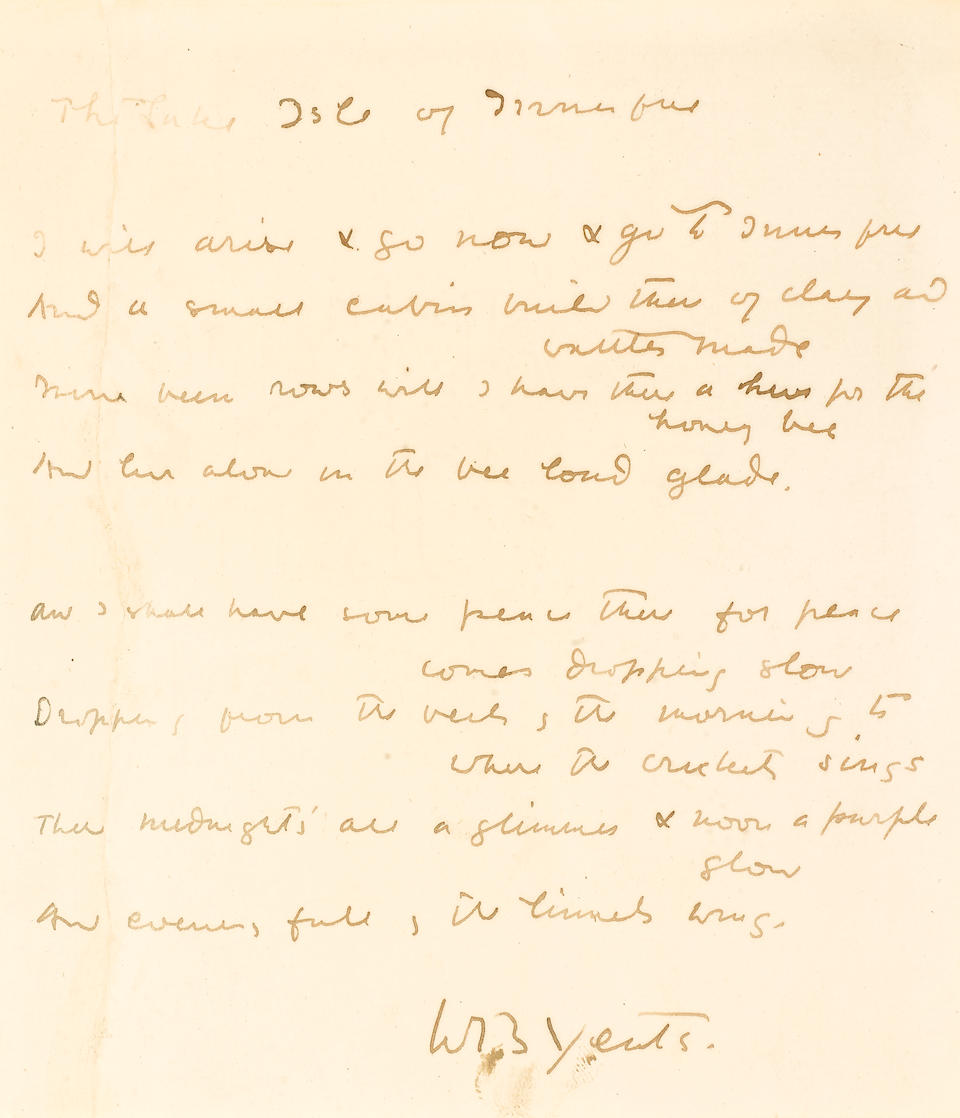 Bonhams Yeats William Butler 1865 1939 Autograph Manuscript Signed W B Yeats Entitled The Lake Isle Of Innisfree