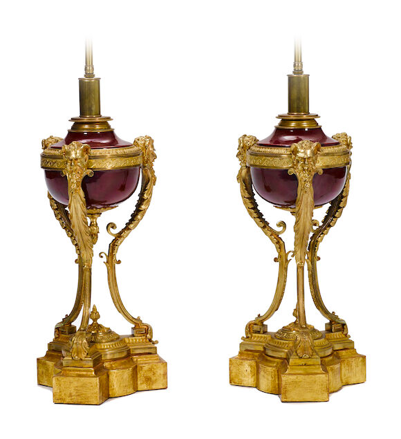 Bonhams : A pair of Louis XVI style gilt bronze and porcelain urns ...