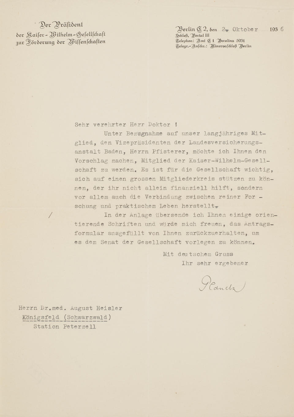 Bonhams : PLANCK, MAX. 1858-1947. Typed Letter Signed (