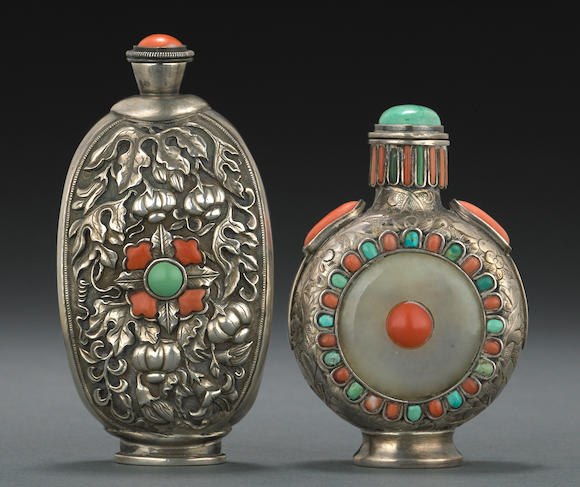 Bonhams : Two Mongolian silver snuff bottles mounted with jade