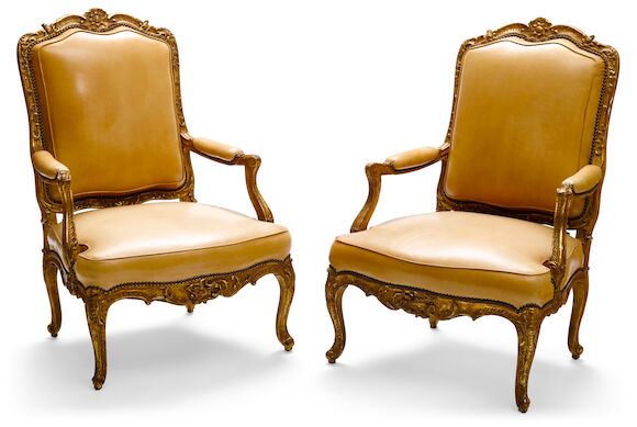 Bonhams : A pair of Louis XV style carved giltwood fauteuils late 19th ...