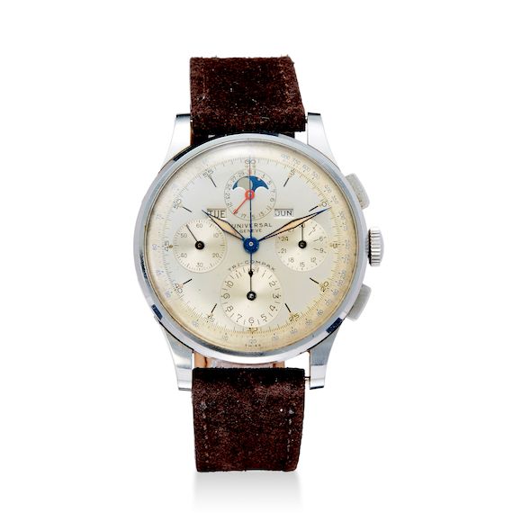 Bonhams Universal Genève. A stainless steel triple calendar