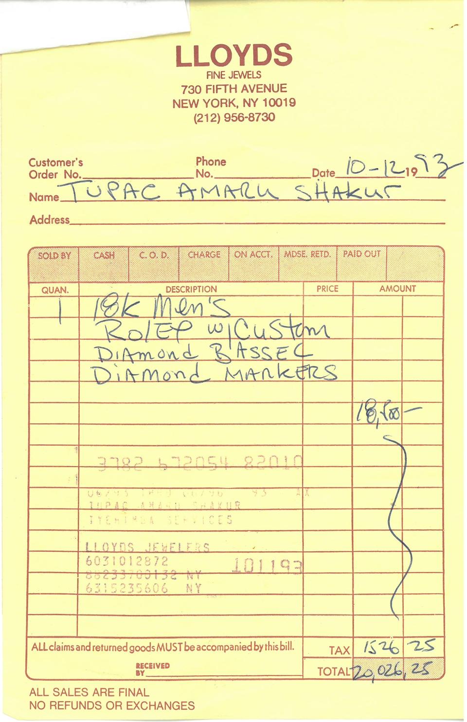 Bonhams Shakur Tupac 1971 1996 Document Signed Tupac A Shakur 1 P 3 X 7 Inches New York October 12 1993 Being An American Express Receipt For The Sale Of