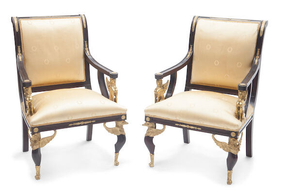 Bonhams : A pair of Empire style gilt bronze mounted armchairs