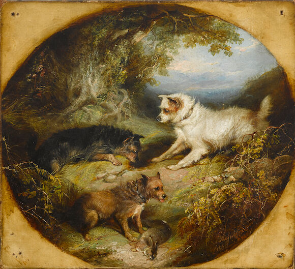 Bonhams : George Armfield (British, 1808-1893) Terriers by a burrow 12 ...
