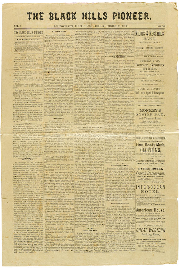 Bonhams Death Of Wild Bill Hickok In The Local Deadwood Paper The Black Hills Pioneer 1619