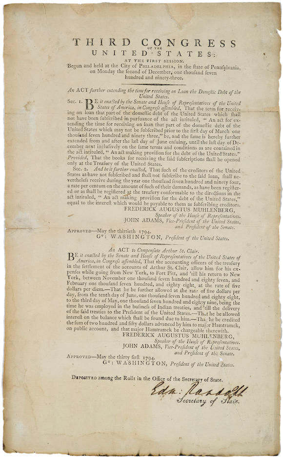 Bonhams : GENERAL ARTHUR ST. CLAIR BROADSIDE. Document Signed (Edm ...