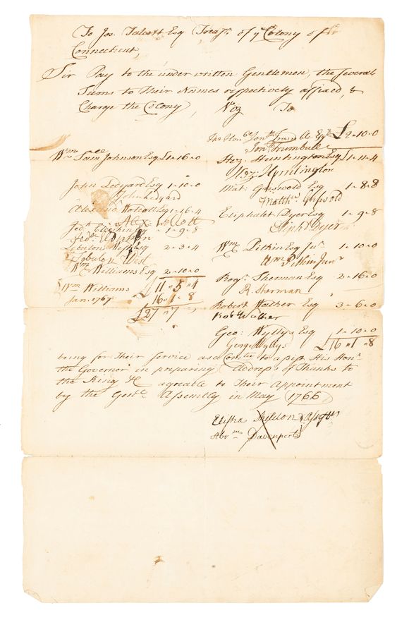 Bonhams STAMP ACT REPEAL. Document Signed by ROGER SHERMAN, MATTHEW