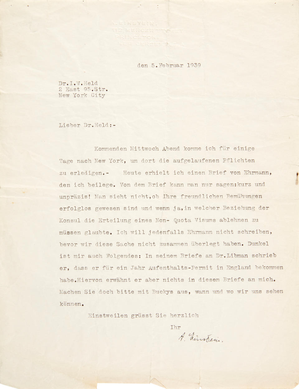 Bonhams Einstein Albert 1879 1955 Typed Letter Signed A Einstein In German 1 P 4to Princeton February 5 1939