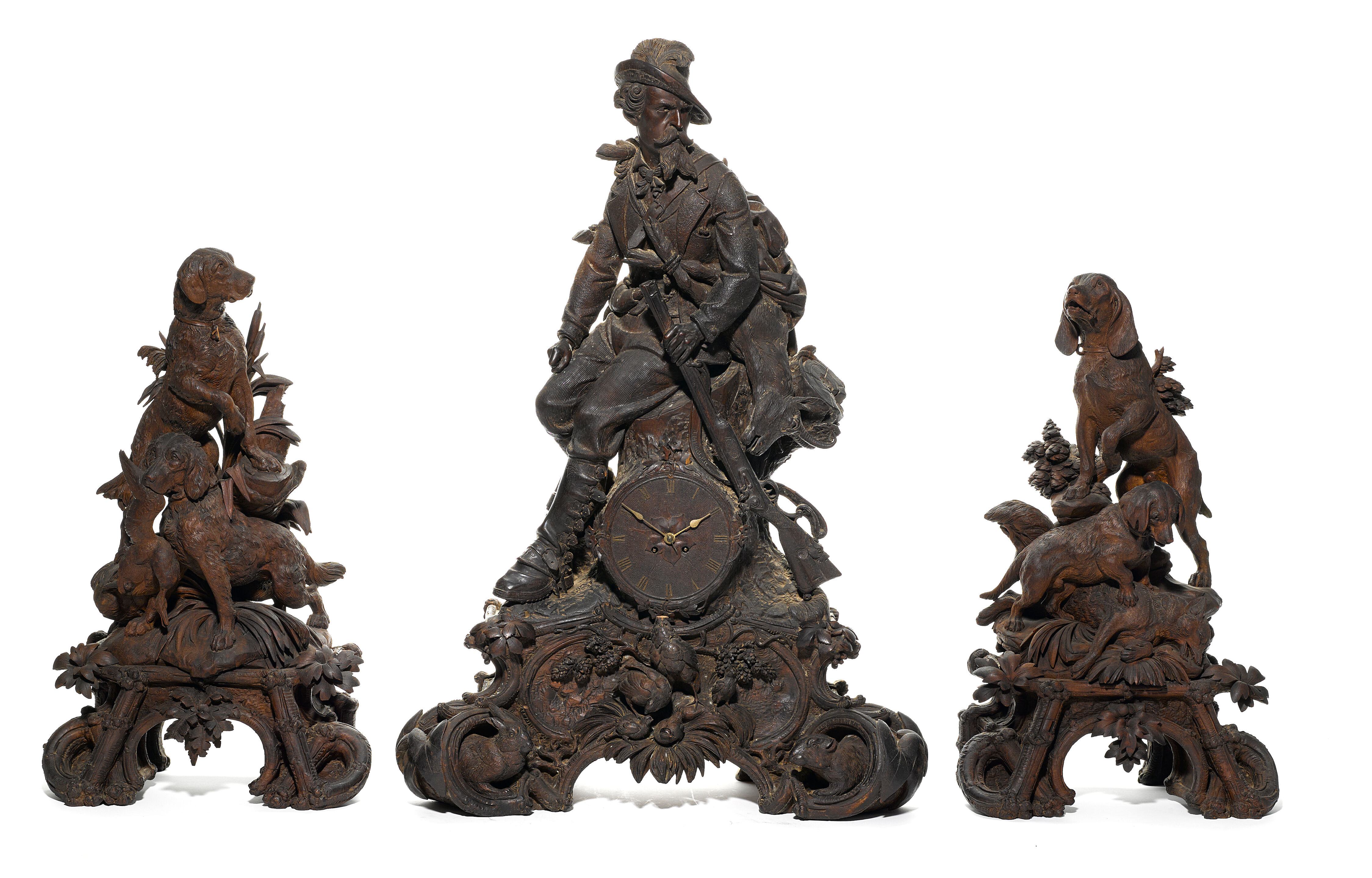 An impressive and imposing Black Forest carved lindenwood clock