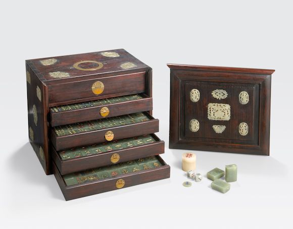 Bonhams : An unusual jade mah jong set in a wood storage case with ...
