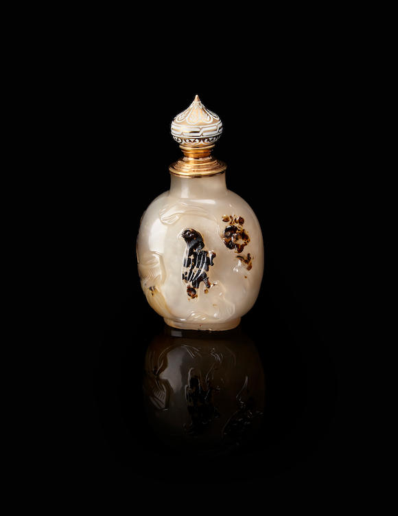 Bonhams : A gold and enamel mounted shadow agate perfume bottlemount ...