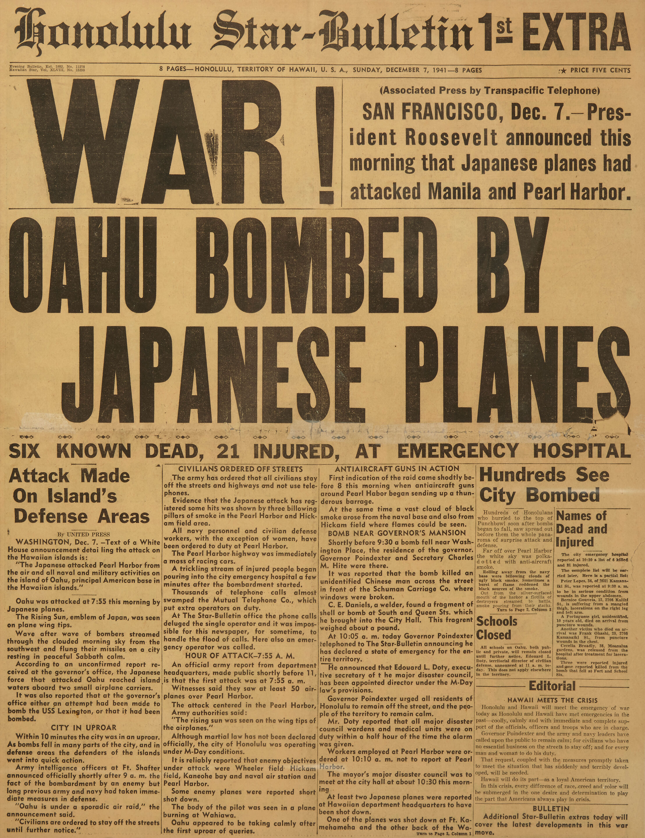 Bonhams PEARL HARBOR ORIGINAL PRINTING. Honolulu StarBulletin 1st